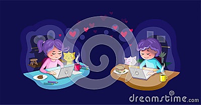 Virtual relationships. Young couple on an online chat. Vector Illustration